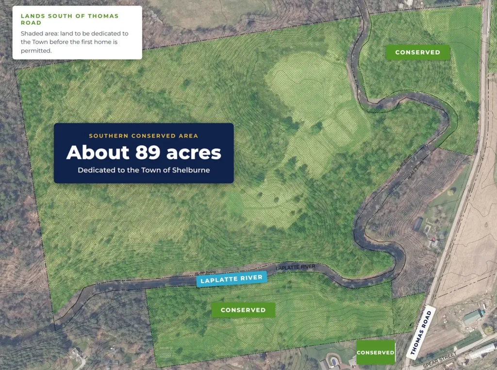 Aerial map of about 89 acres south of Thomas Road, including the LaPlatte River corridor, to be dedicated to the Town of Shelburne.